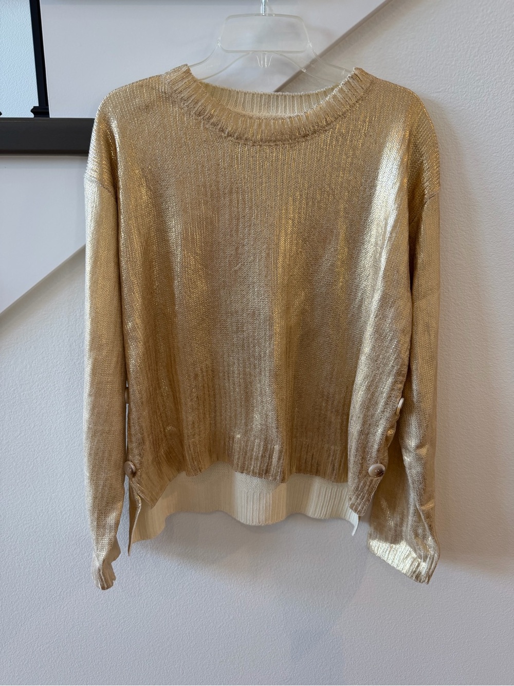 So Me Gold Metallic Crewneck Sweater with Button-Tab Sleeves